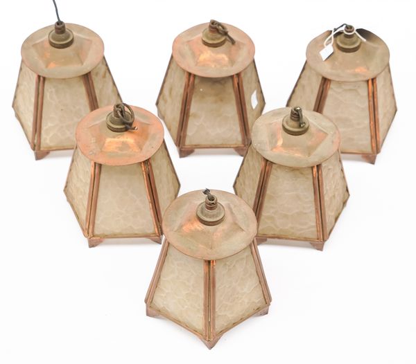 A SET OF SIX COPPER AND FROSTED GLASS PENDANT LIGHTS (6)