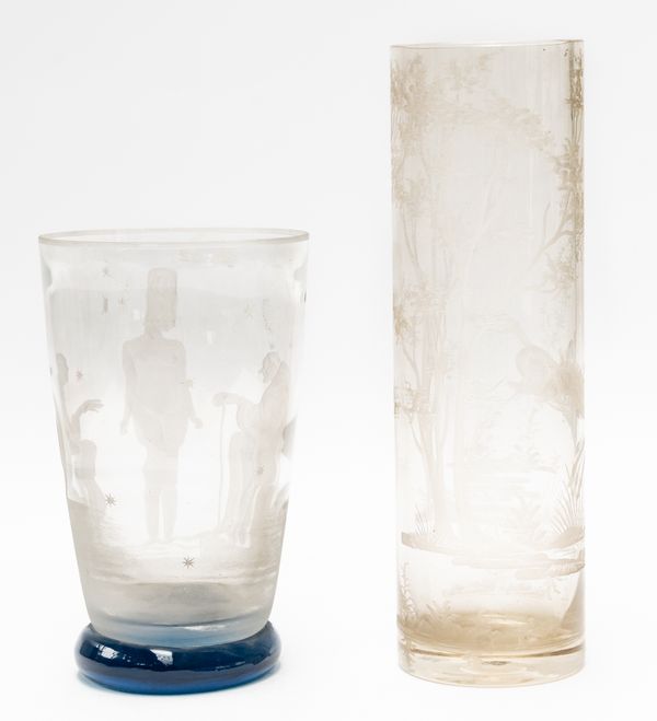 TWO ETCHED GLASS VASES (2)