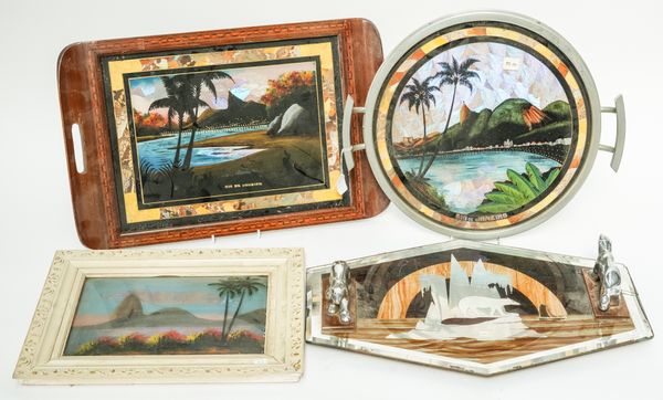 TWO ART DECO RIO DE JANEIRO REVERSE GLASS PAINTED BUTTERFLY WING TRAYS (4)