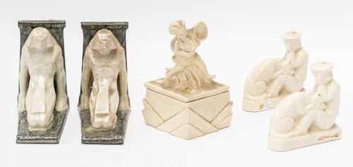 A PAIR OF FRENCH ART DECO CRACKLE GLAZE POTTERY BOOKENDS DESIGNED BY L. FONTINELLE;  AND ANOTHER PAIR OF GLAZED EARTHENWARE (5)