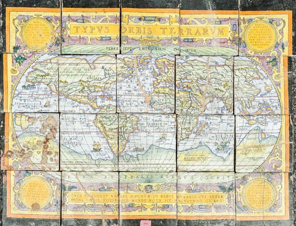 'TYPUS ORBIS TERRARUM': A CONTINENTAL POTTERY RECTANGULAR TILE PANEL (20)