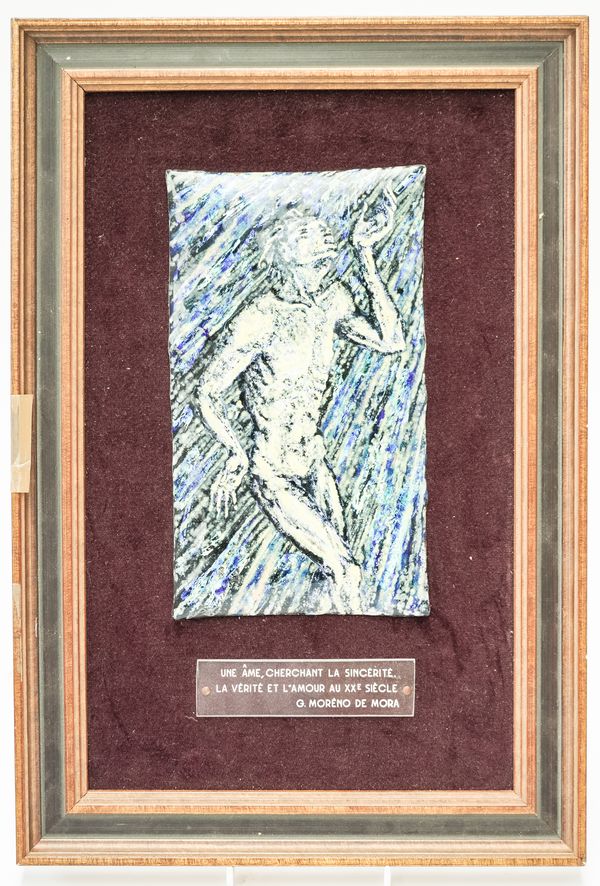 AN ENAMEL PLAQUE DEPICTING A FIGURE ENTITLED ‘A SOUL, LOOKING FOR SINCERITY, TRUTH AND LOVE IN THE TWENTIETH CENTURY’