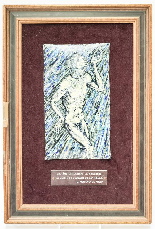 AN ENAMEL PLAQUE DEPICTING A FIGURE ENTITLED ‘A SOUL, LOOKING FOR SINCERITY, TRUTH AND LOVE IN THE TWENTIETH CENTURY’