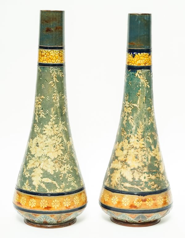 A PAIR OF TALL DOULTON SLATERS PATENT STONEWARE VASES (2)