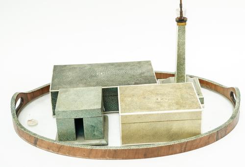 AN ART DECO SHAGREEN AND WALNUT VENEERED GLASS TWIN-HANDLED OVAL TRAY AND THREE SHAGREEN BOXES (4)