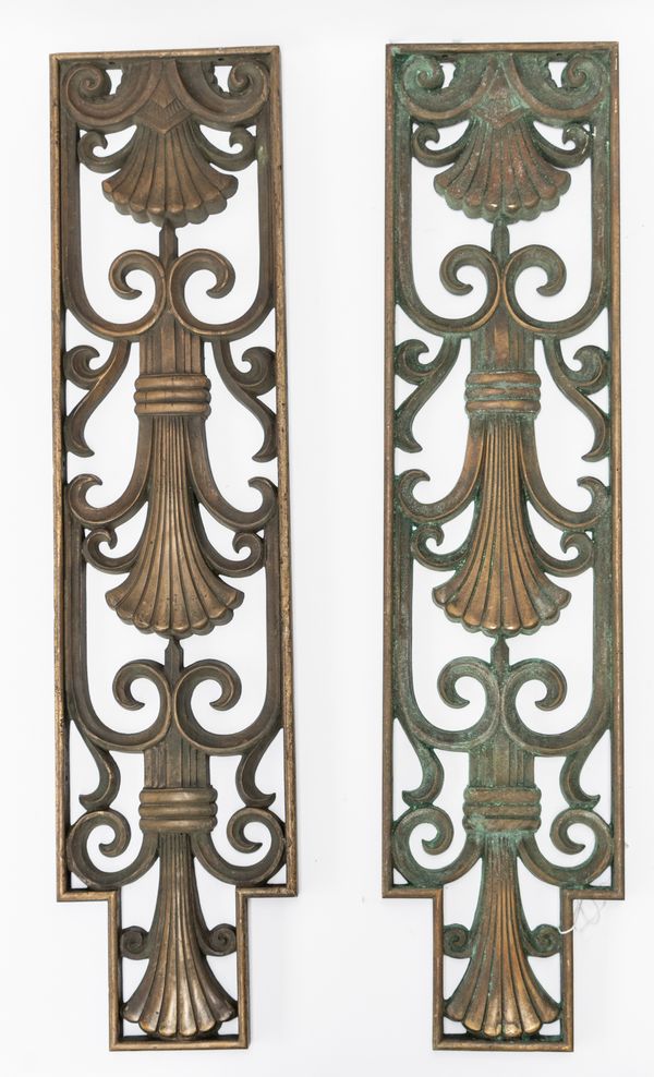 A PAIR OF ART DECO BRONZE BALUSTRADE RAILS