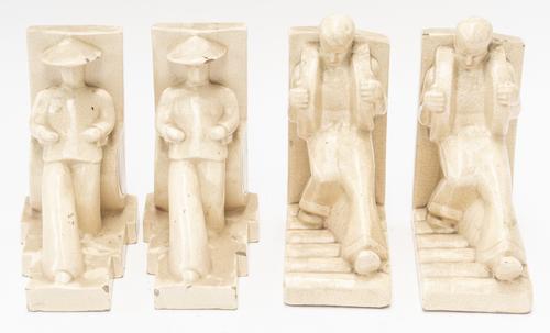 TWO PAIRS OF ART DECO CRACKLE GLAZE CREAMWARE BOOKENDS (4)