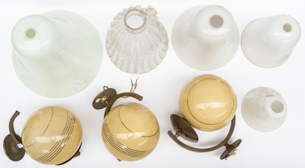 A GROUP OF GLASS LIGHT SHADES INCLUDING A SET OF THREE YELLOW AND GOLD WALL LIGHTS (8)