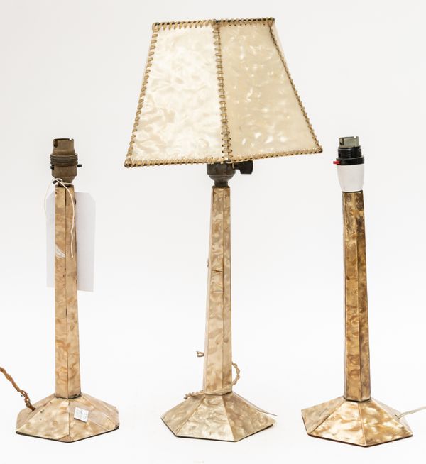 THREE CELLULOID MOTHER-OF-PEARL VENEERED TABLE LAMPS (3)