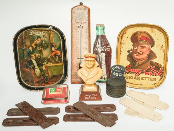 A GROUP OF ADVERTISING ITEMS INCLUDING A COCA-COLA WALL THERMOMETER (QTY)