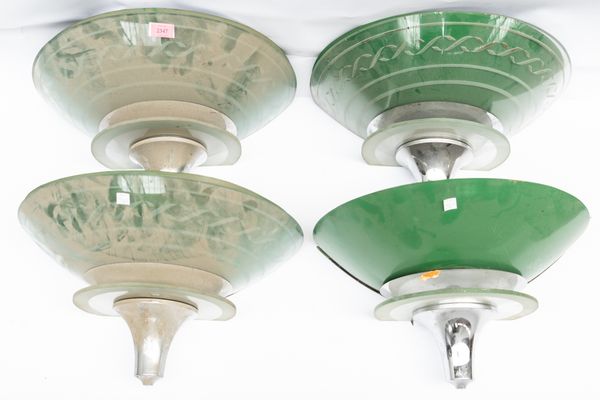 A SET OF FOUR GREEN ENAMEL TIN AND ETCHED GLASS DEMI-LUNE WALL LIGHTS (4)