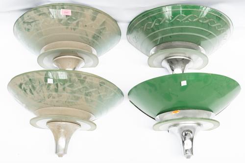 A SET OF FOUR GREEN ENAMEL TIN AND ETCHED GLASS DEMI-LUNE WALL LIGHTS (4)