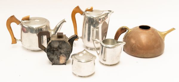 A SILVER TEAPOT, AN AUSTRIAN COPPER KETTLE AND A PIQUOT WARE TEA SERVICE (6)