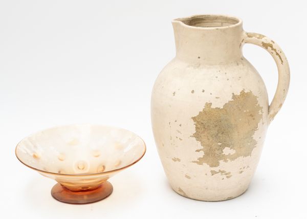 A DIMPLED GLASS BOWL BY WEBB AND A LARGE VITNEY WARE JUG (2)