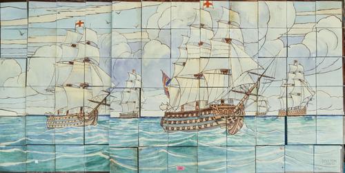 WILLIAM ROWE FOR DOULTON LAMBETH: A LARGE FAIENCE RECTANGULAR TILE PANEL