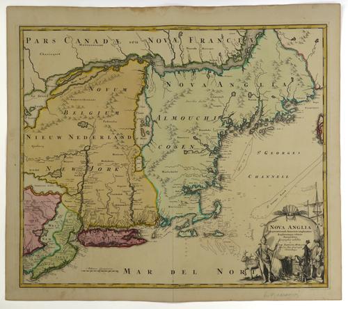 HOMANN, Johann Baptist (1664-1724). Nova Anglia Septentrionali Americae, [Nuremberg: c.1720], hand-coloured engraved map of New England, title cartouche, 483 x 574mm., unframed