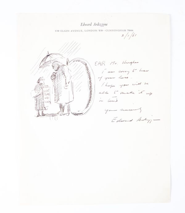 ARDIZZONE, Edward (1900-79). A one-page autograph letter, with a prominent ORIGINAL DRAWING by Ardizzone incorporating what is probably a self-portrait; and a letter from Elisabeth Frink, referring to Peter Shaffer's 'Equus'. (2)
