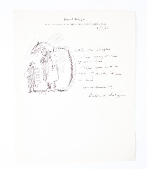 ARDIZZONE, Edward (1900-79). A one-page autograph letter, with a prominent ORIGINAL DRAWING by Ardizzone incorporating what is probably a self-portrait; and a letter from Elisabeth Frink, referring to Peter Shaffer's 'Equus'. (2)