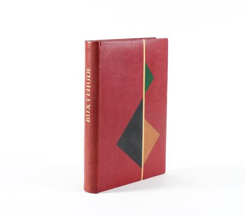 BINDING - Soren SORENSEN (dates unknown). Diderich Buxtehudes Vokale Kirkemusik, Copenhagen, 1958, large 8vo, FINELY BOUND in an abstract modernist design of red, green, black and tan morocco onlays on the upper cover [unsigned], slipcase.