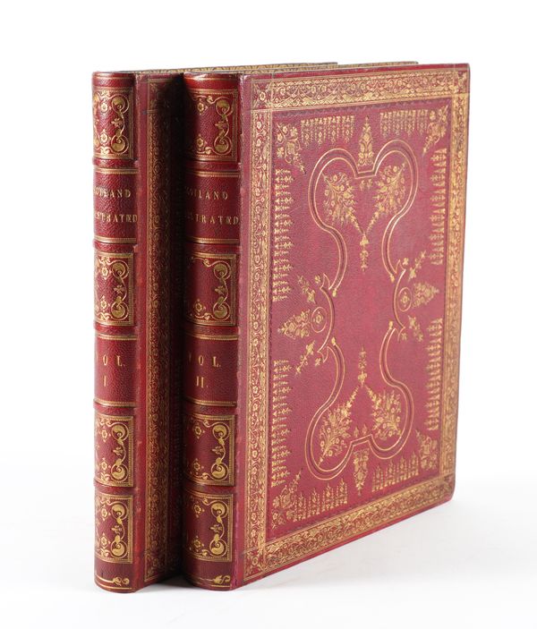 BINDING - William BEATTIE (1793-1875).  Scotland Illustrated, London, 1842, 2 volumes, 4to, additional engraved titles with vignettes, 118 engraved plates, attractively bound in contemporary elaborate red morocco gilt. (2)