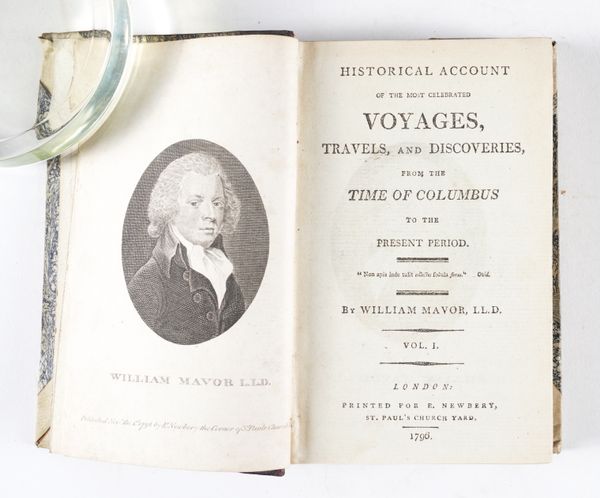 MAVOR, William (1758-1837). Historical Accounts of the most Celebrated Voyages, Travels and Discoveries, London, 1796-1801, 25 vols., 12mo, 75 engraved plates, contemporary morocco-backed boards. With a work in 4 vols. only (of 6), uniformly bound. (29)