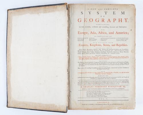 MIDDLETON, Charles Theodore (1726-1813). A New and Complete System of Geography, London, [1777], vol. one only (of 2), folio, 5 engraved maps, 55 engraved plates, contemporary black morocco (worn). Sold as a collection of plates, not subject to return.