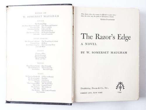SOMERSET MAUGHAM, William (1874-1965). The Razor's Edge, New York, 1944, 8vo, original buckram. FIRST U.S. TRADE EDITION, PRESENTATION COPY, inscribed "For Madame André de Breyne, hoping she will enjoy this book. W. Somerset Maugham, June 22, 1944."