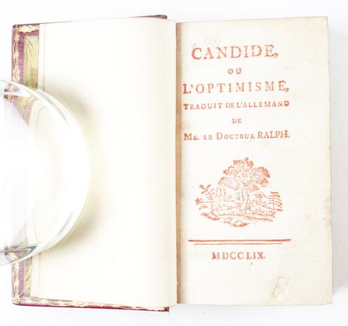 [VOLTAIRE, François Marie Arouet de (1694-1778)]. Candide, ou l' Optimisme, Traduit de l' Allemand de Mr. le Docteur Ralph, [?Geneva], 1759, 12mo, TITLE PRINTED IN RED, contemporary morocco. FIRST EDITION. VERY RARE. Please see the full description below.