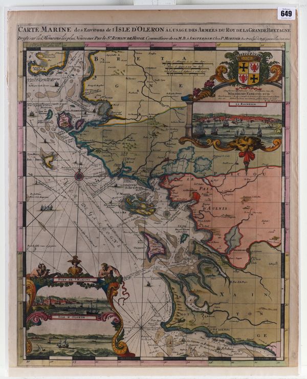 HOOGHE, Romein de (1645-1708). Carte Marine des Environs de l' Isle d' Oleron a l' Usage des Armees du Roy de Land Grande Bretagne, Amsterdam, [Pieter Mortier], 1693, hand-coloured engraved chart, inset views, 635 x 508mm., unframed.