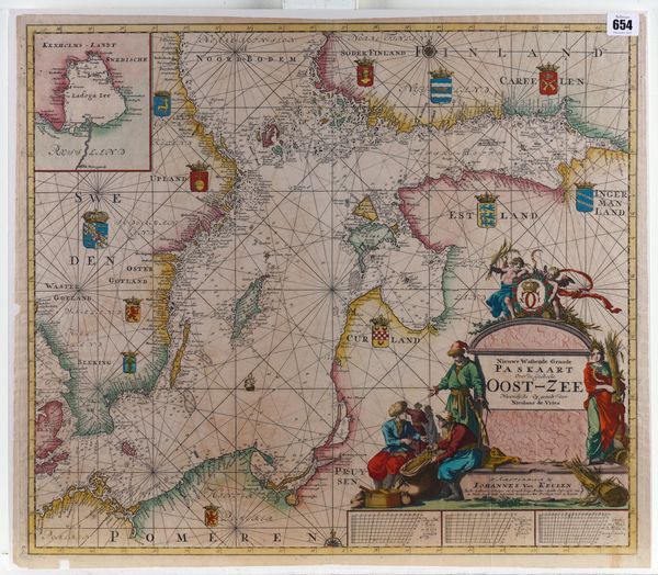 KEULEN, Johannes van (1654-1715). Nieuwe Wassende Graade Paskaart Over de Geeheele Oost-Zee. Amsterdam: [c.1710], hand-coloured engraved chart of the Baltic Sea, elaborate allegorical title cartouche, coats-of-arms, 525 x 606mm., unframed.