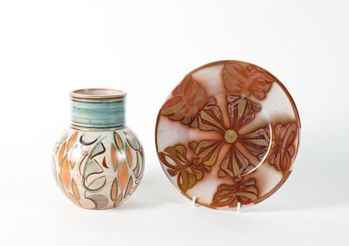 ALAN CAIGER-SMITH (1930-2020) FOR ALDERMASTON POTTERY, A TIN GLAZED EARTHENWARE VASE OF BULBOUS FORM (2)