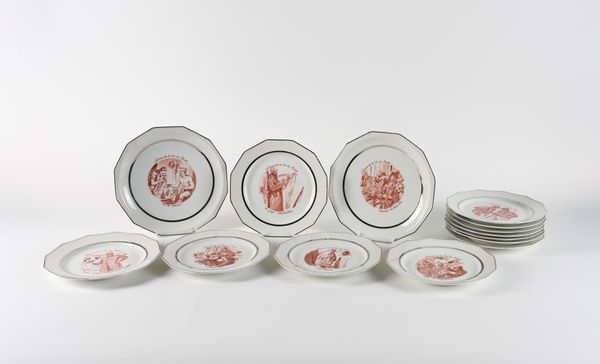 AN UNUSUAL SET OF TWELVE LIMOGES PORCELAIN PLATES AND TWO TAZZA (14)