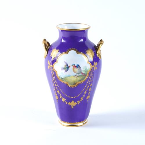 A ROYAL CROWN DERBY PURPLE-GROUND TWO-HANDLED VASE BY GEORGE DARLINGTON
