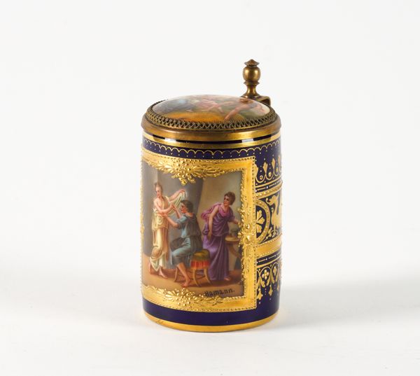 A SMALL VIENNA STYLE BLUE GROUND GILT-METAL MOUNTED TANKARD