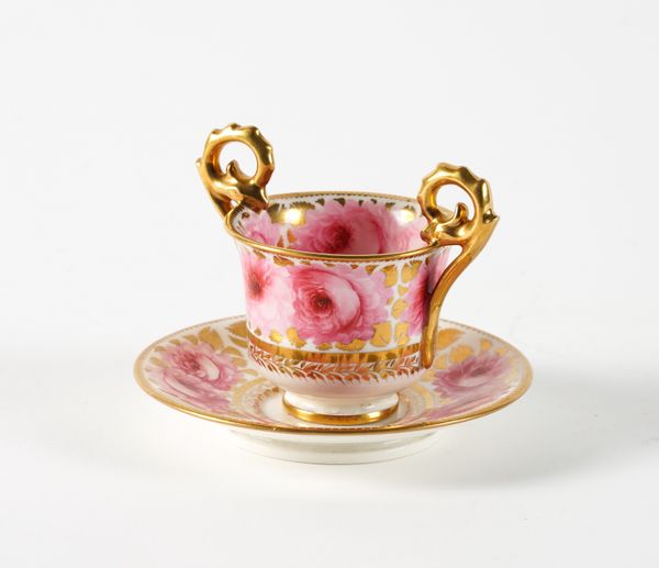 A SMALL DAVENPORT PORCELAIN TWO-HANDLED CUP AND SAUCER (2)