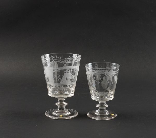 A SUNDERLAND BRIDGE GLASS GOBLET