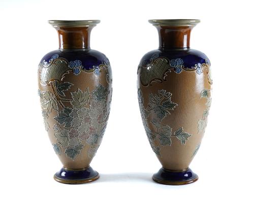 A PAIR OF TALL ROYAL DOULTON STONEWARE VASES (2)