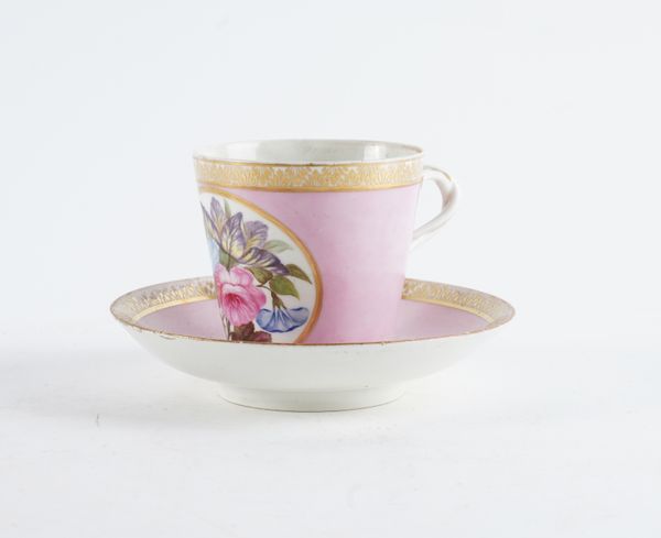 A DERBY PINK-GROUND CHOCOLATE CUP AND TREMBLEUSE SAUCER (2)