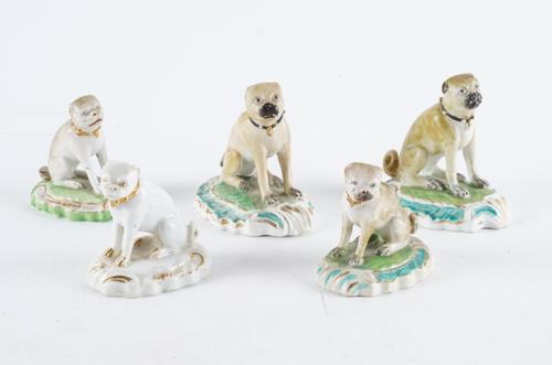 FIVE DERBY PORCELAIN FIGURES OF PUG DOGS (5)