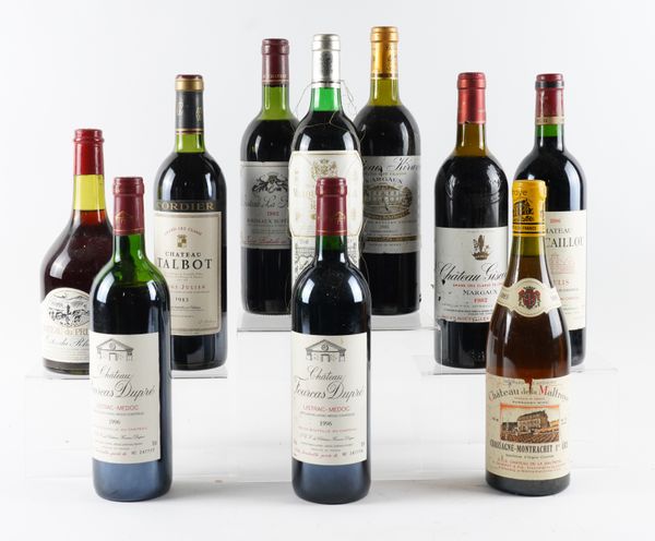 A GROUP OF WINE TO INCLUDE A BOTTLE OF CORDIER CHATEAU TALBOT 1983 (10)