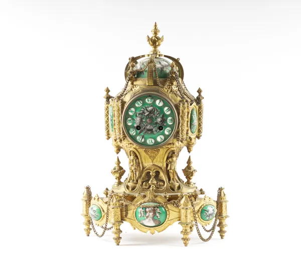 A FRENCH GREEN ENAMEL MOUNTED GILT METAL MANTEL CLOCK