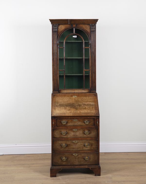 A SMALL MID-18TH CENTURY STYLE FIGURED WALNUT BUREAU BOOKCASE