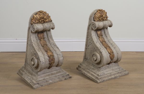 A PAIR OF VICTORIAN PARCEL GILT FAUX MARBLE PAINTED SCROLL WALL BRACKETS (2)