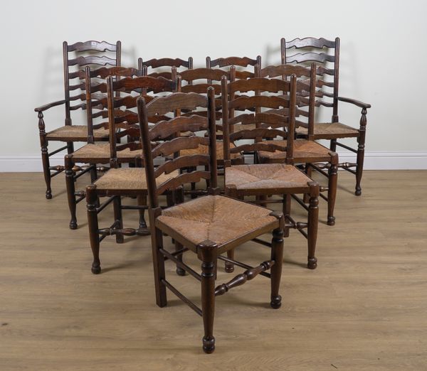 A SET OF TEN LANCASHIRE LADDER BACK CHAIRS (10)