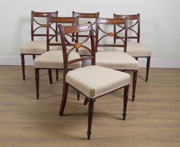 A SET OF SIX GEORGE III SATINWOOD INLAID MAHOGANY X-FRAME BACK DINING CHAIRS (6)