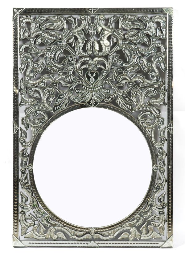 A 20TH CENTURY VENETIAN STYLE ETCHED GLASS WALL MIRROR