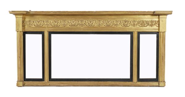 A REGENCY GILT FRAMED TRIPLE PLATE OVERMANTEL WALL MIRROR