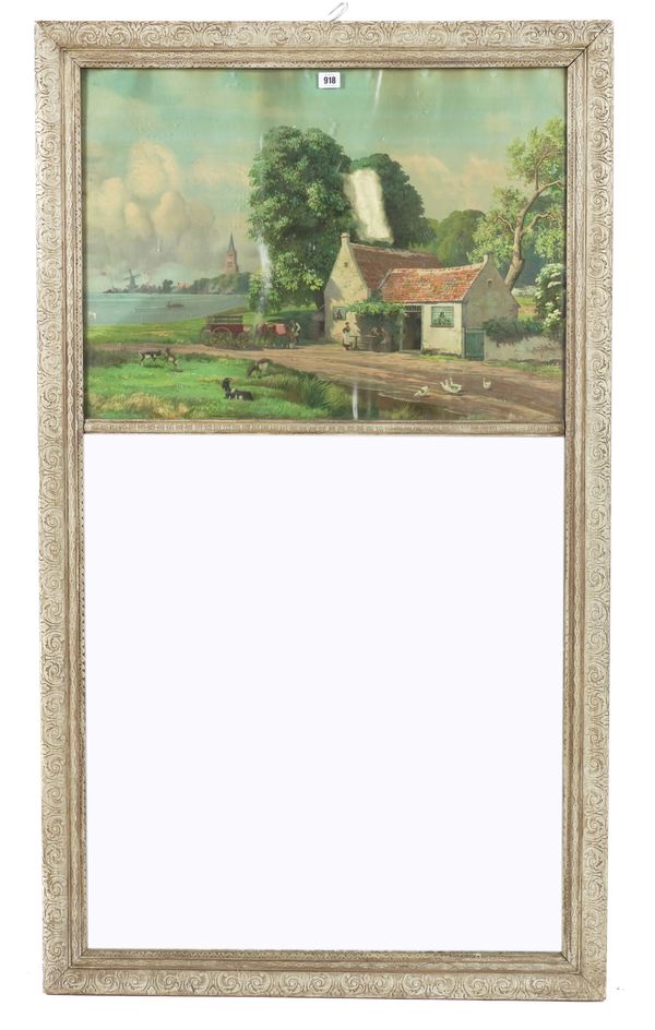 A LATE 19TH CENTURY FRENCH GREY PAINTED TRUMEAU MIRROR