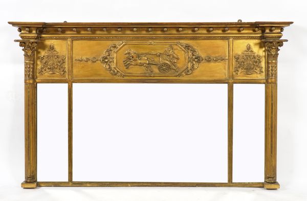 A 19TH CENTURY GILT FRAMED TRIPLE PLATE OVERMANTEL MIRROR