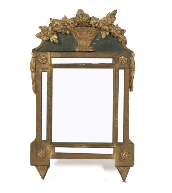 A 19TH CENTURY SWEDISH GREEN PARCEL GILT DECORATED MIRROR